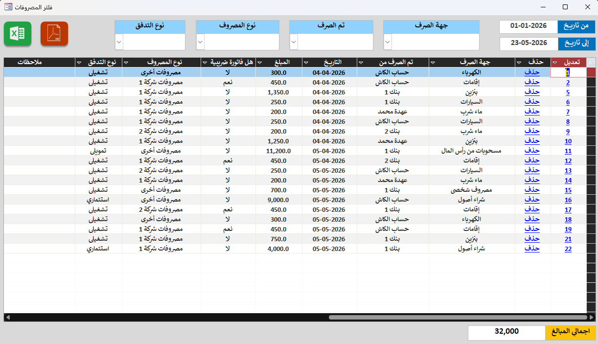 فلتر المصروفات